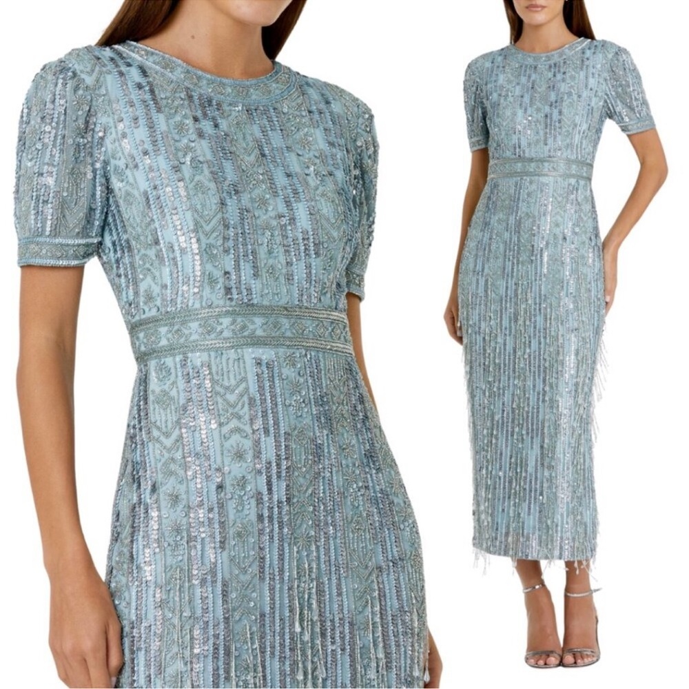 Mac Duggal 5980 High Neck Short Sleeve Crystal Fringe Dress Blue J230 Sz 4